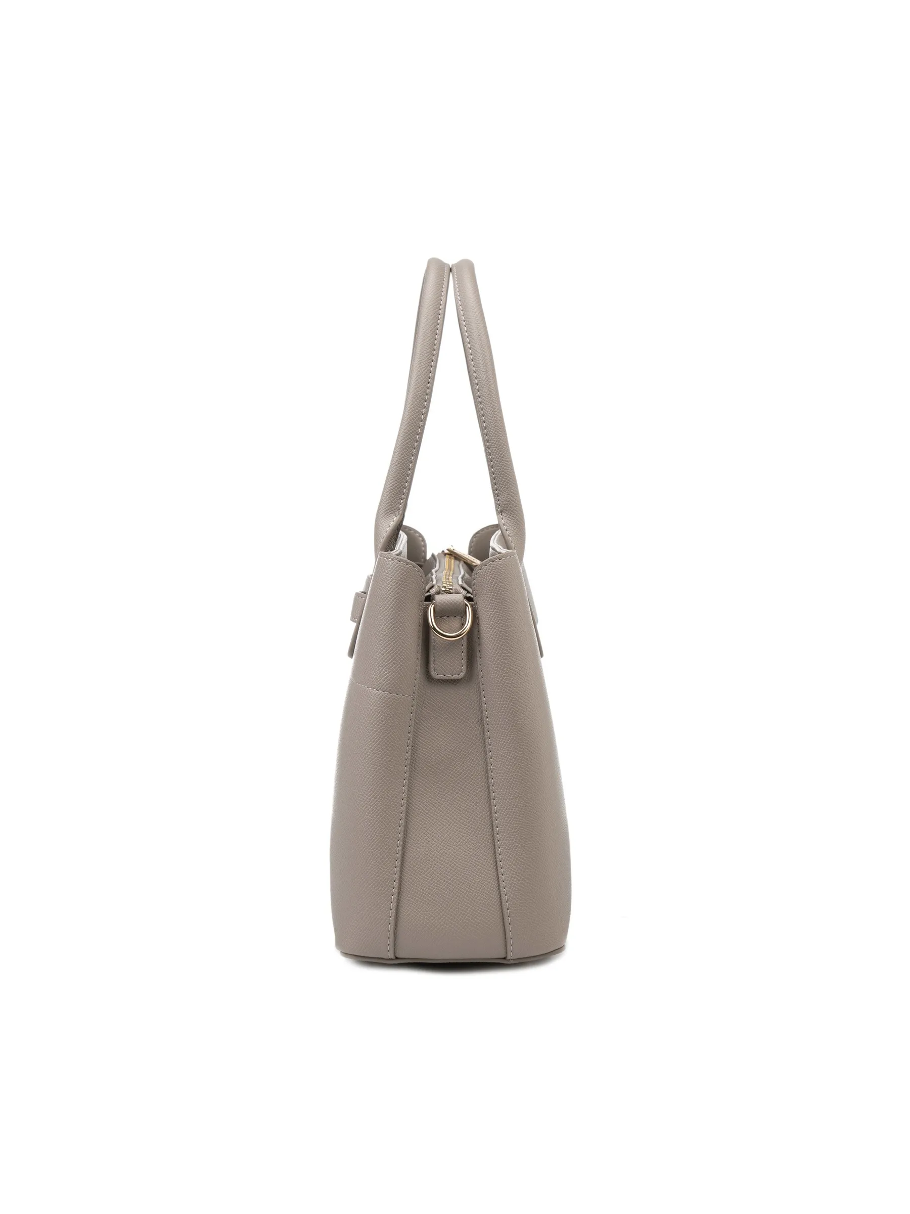 Fashion handbag with double handles and adjustable crossbody strap.